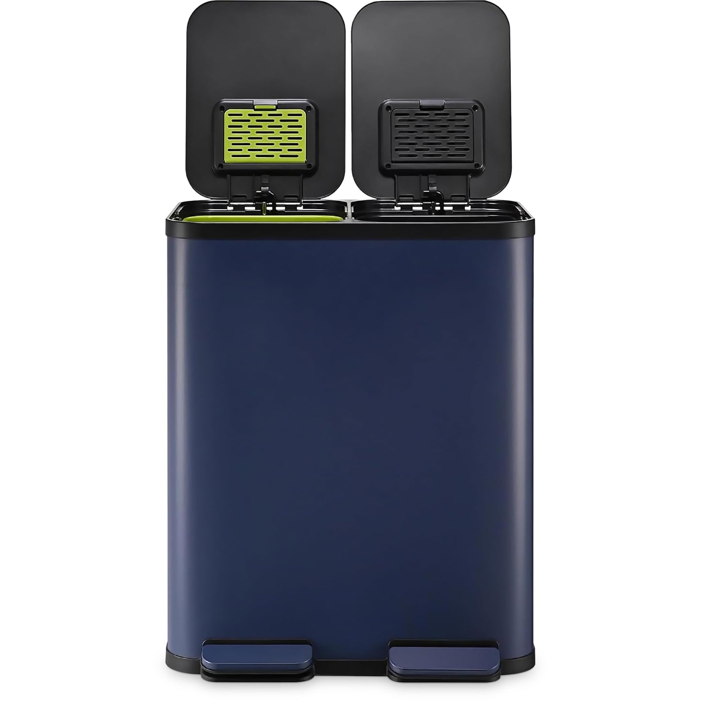 60 Liter / 16 Gallon Rectangular Hands-Free Dual Compartment Recycling Kitchen Step Trash Can with Soft-Close Single Lid, Stainless Steel (30L x 30L Capacity) Blue