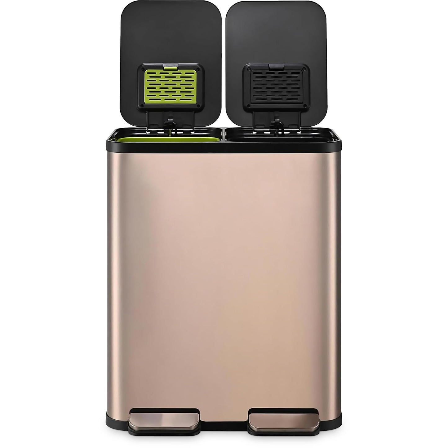 60 Liter / 16 Gallon Rectangular Hands-Free Dual Compartment Recycling Kitchen Step Trash Can with Soft-Close Single Lid, Stainless Steel (30L x 30L Capacity) Rose Gold