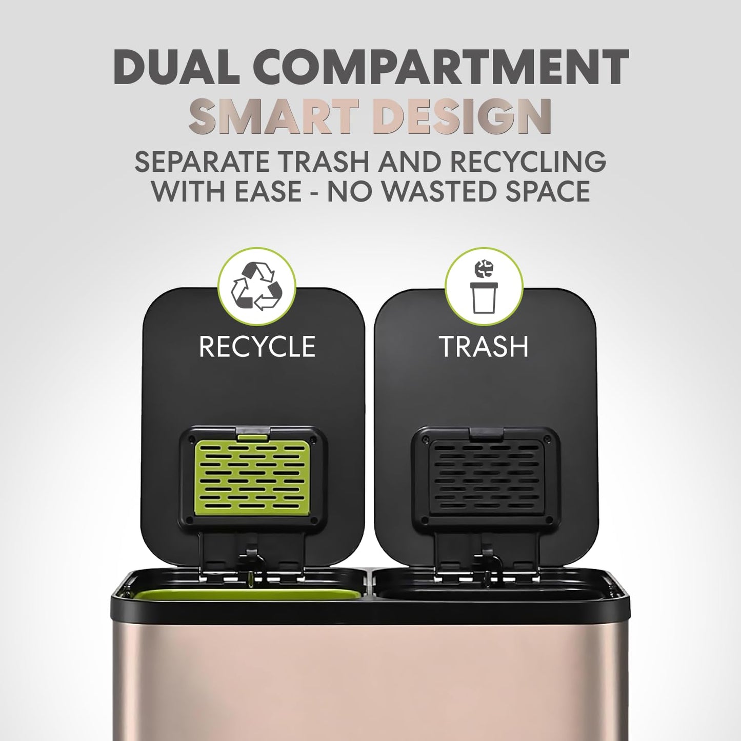 60 Liter / 16 Gallon Rectangular Hands-Free Dual Compartment Recycling Kitchen Step Trash Can with Soft-Close Single Lid, Stainless Steel (30L x 30L Capacity) Rose Gold