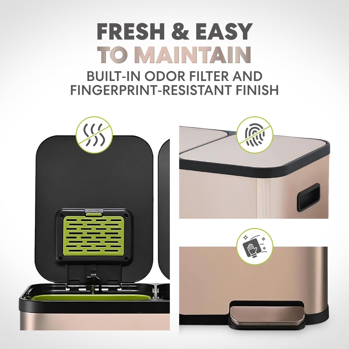 60 Liter / 16 Gallon Rectangular Hands-Free Dual Compartment Recycling Kitchen Step Trash Can with Soft-Close Single Lid, Stainless Steel (30L x 30L Capacity) Rose Gold