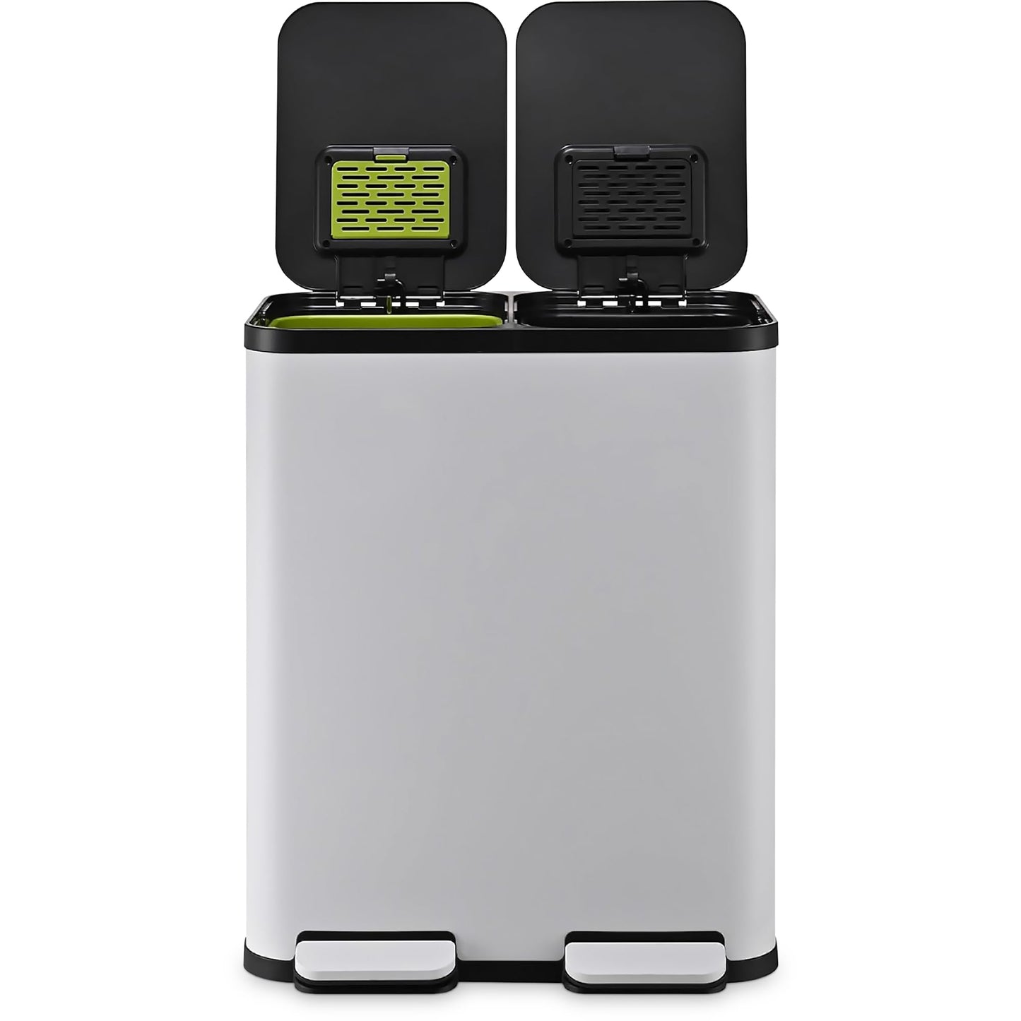 60 Liter / 16 Gallon Rectangular Hands-Free Dual Compartment Recycling Kitchen Step Trash Can with Soft-Close Single Lid, Stainless Steel (30L x 30L Capacity) White