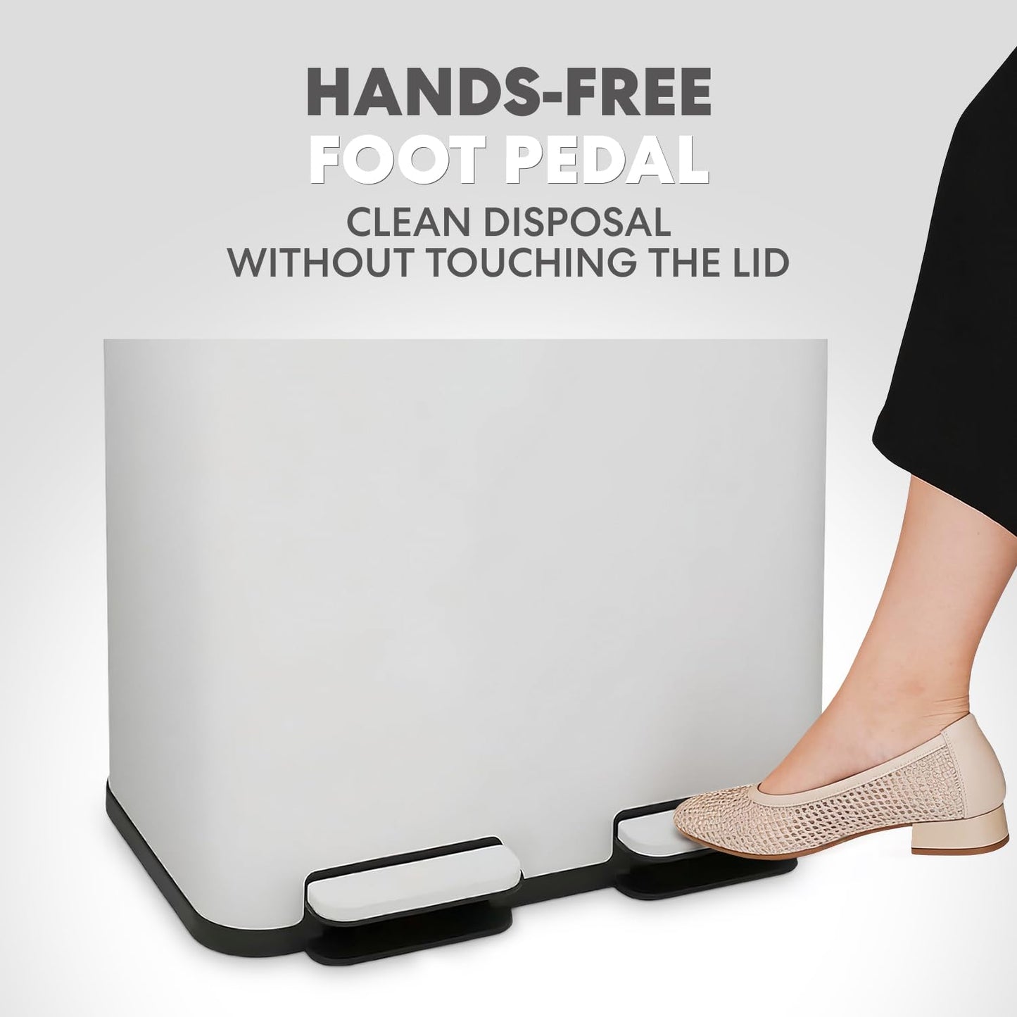 60 Liter / 16 Gallon Rectangular Hands-Free Dual Compartment Recycling Kitchen Step Trash Can with Soft-Close Single Lid, Stainless Steel (30L x 30L Capacity) White