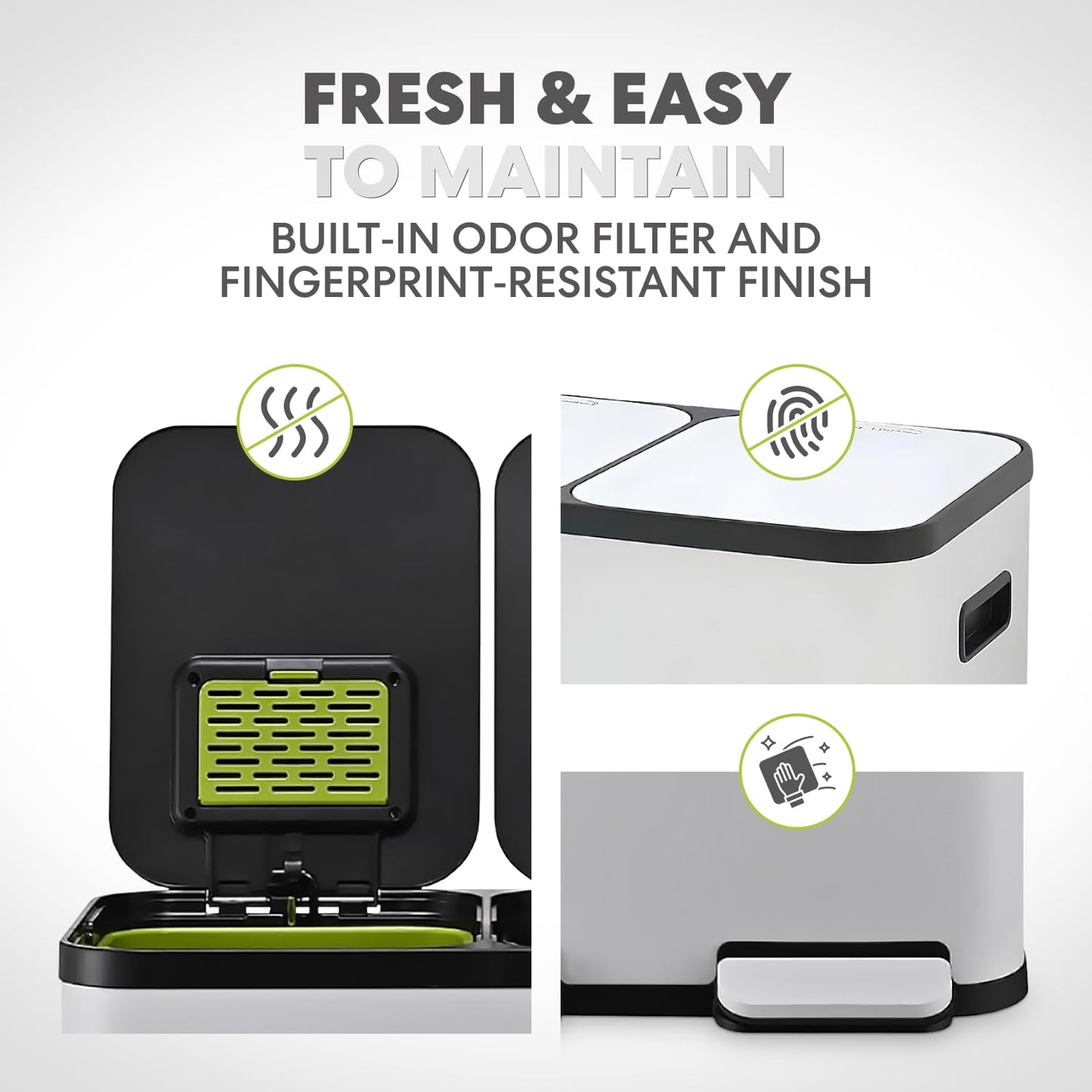 60 Liter / 16 Gallon Rectangular Hands-Free Dual Compartment Recycling Kitchen Step Trash Can with Soft-Close Single Lid, Stainless Steel (30L x 30L Capacity) White