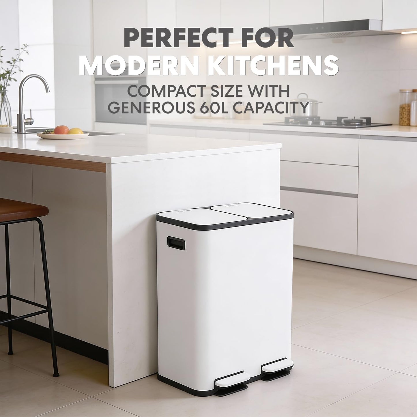 60 Liter / 16 Gallon Rectangular Hands-Free Dual Compartment Recycling Kitchen Step Trash Can with Soft-Close Single Lid, Stainless Steel (30L x 30L Capacity) White