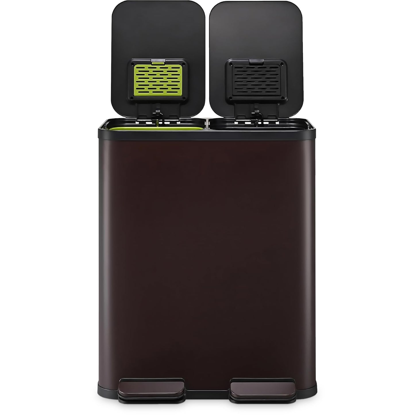 60 Liter / 16 Gallon Rectangular Hands-Free Dual Compartment Recycling Kitchen Step Trash Can with Soft-Close Single Lid, Stainless Steel (30L x 30L Capacity) Brown