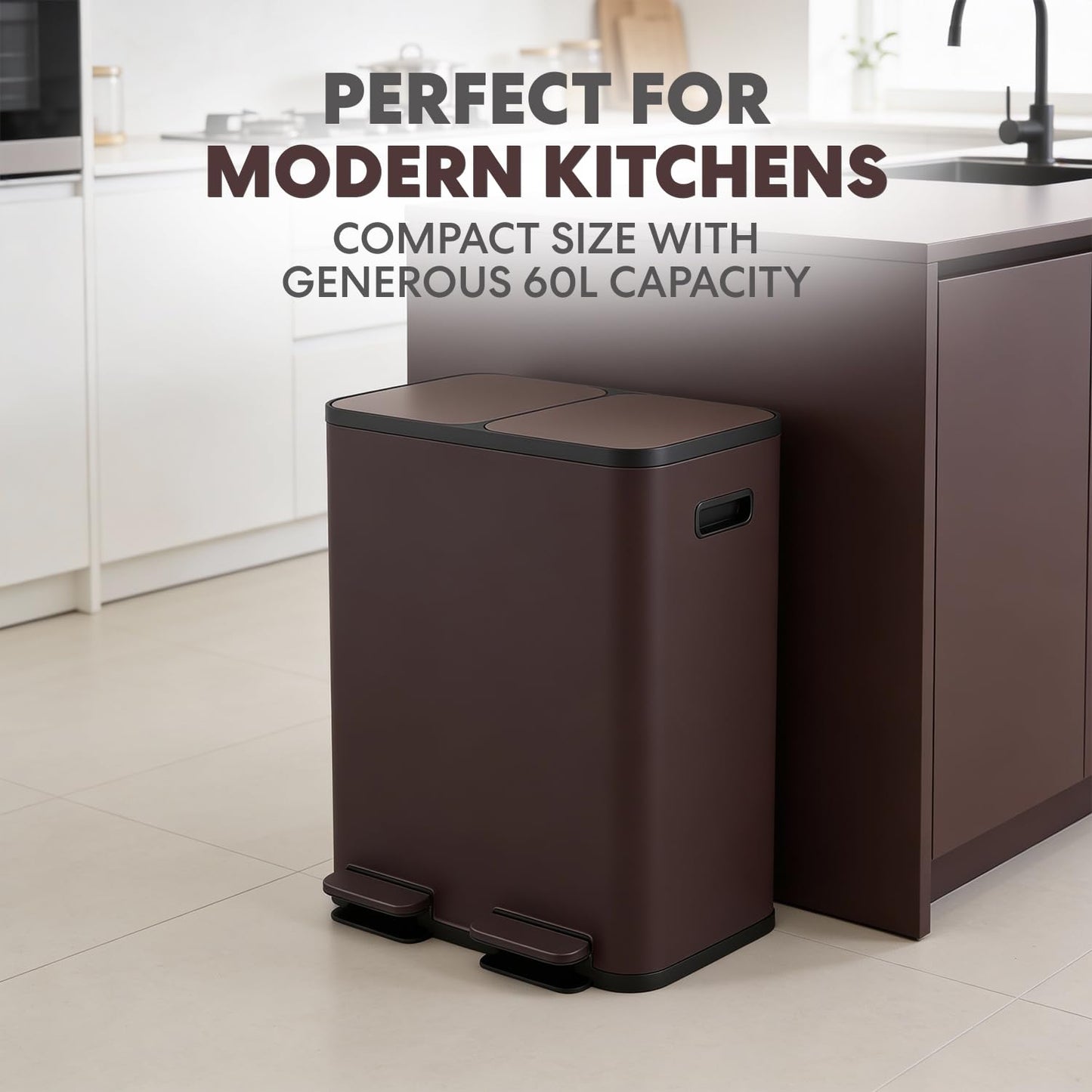 60 Liter / 16 Gallon Rectangular Hands-Free Dual Compartment Recycling Kitchen Step Trash Can with Soft-Close Single Lid, Stainless Steel (30L x 30L Capacity) Brown