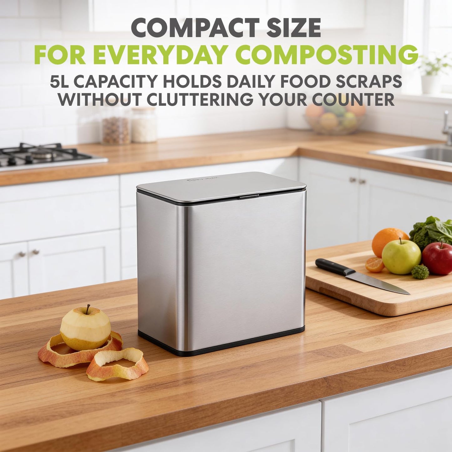 Simpli-Magic Kitchen Compost Bin and Caddy, 5L / 1.32 Gal Stainless Steel with Removable Inner Bucket and Deodorizer Compartment, 2-in-1 Countertop Compost Bin with Lid, Food Waste Caddy for Kitchen