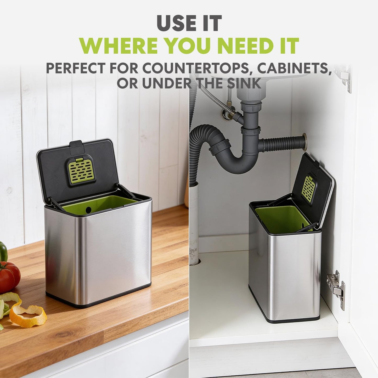 Simpli-Magic Kitchen Compost Bin and Caddy, 5L / 1.32 Gal Stainless Steel with Removable Inner Bucket and Deodorizer Compartment, 2-in-1 Countertop Compost Bin with Lid, Food Waste Caddy for Kitchen