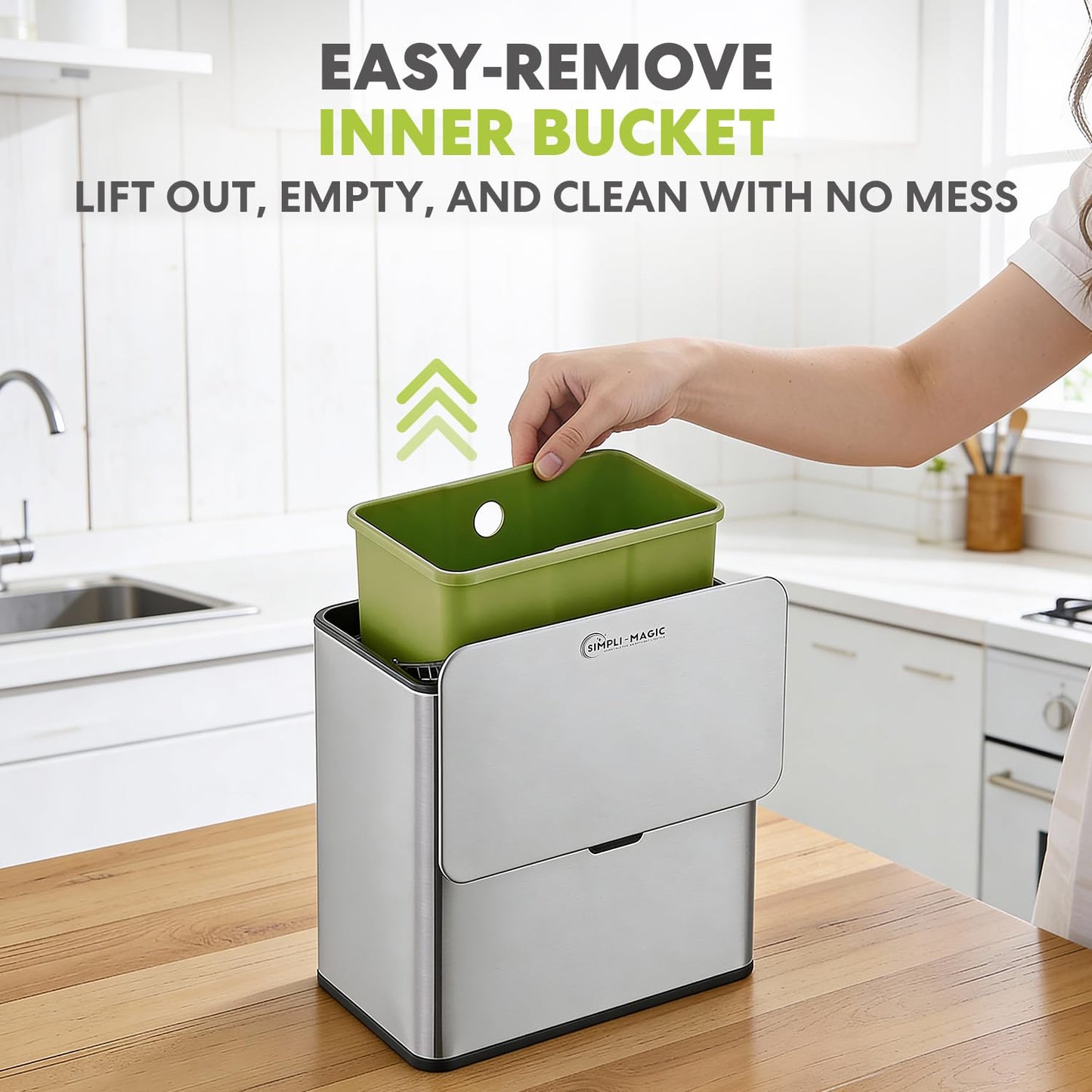 Simpli-Magic Kitchen Compost Bin and Caddy, 5L / 1.32 Gal Stainless Steel with Removable Inner Bucket and Deodorizer Compartment, 2-in-1 Countertop Compost Bin with Lid, Food Waste Caddy for Kitchen