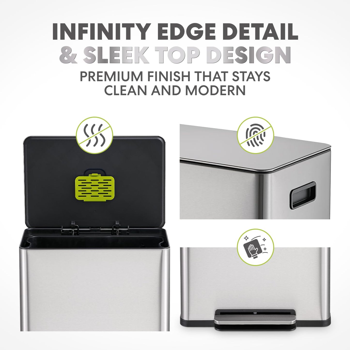 Simpli-Magic Infinity Edge 60 Liter / 16 Gallon Rectangular Hands-Free Extra Large Kitchen Step Trash Can, Soft-Close Single Lid Recycling Bin, Stainless Steel, Silver