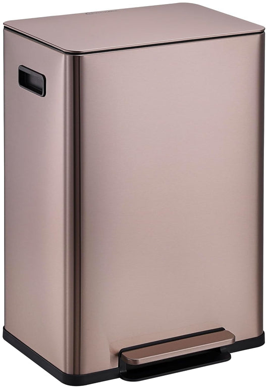 Simpli-Magic Infinity Edge 60 Liter / 16 Gallon Rectangular Hands-Free Extra Large Kitchen Step Trash Can, Soft-Close Single Lid Recycling Bin, Stainless Steel, Gold