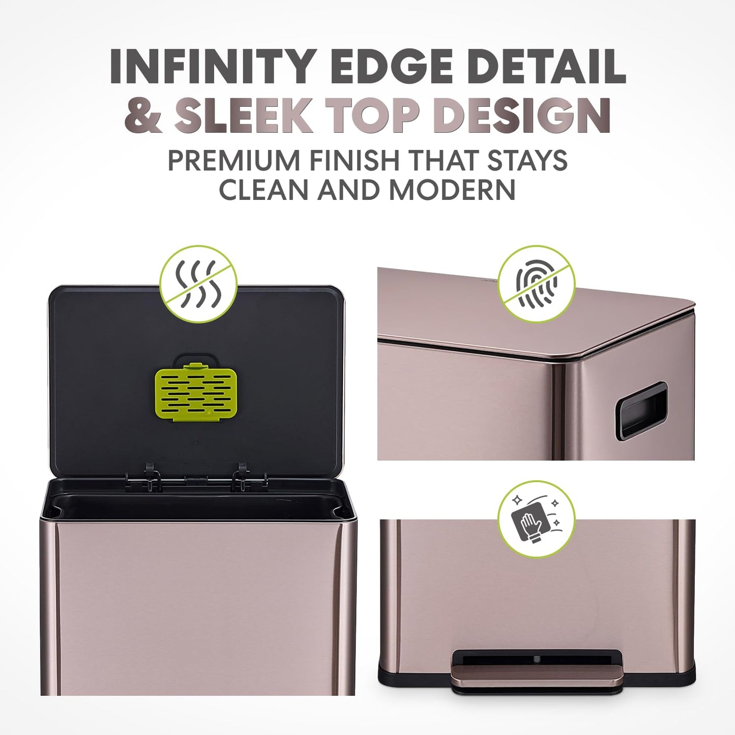 Simpli-Magic Infinity Edge 60 Liter / 16 Gallon Rectangular Hands-Free Extra Large Kitchen Step Trash Can, Soft-Close Single Lid Recycling Bin, Stainless Steel, Gold