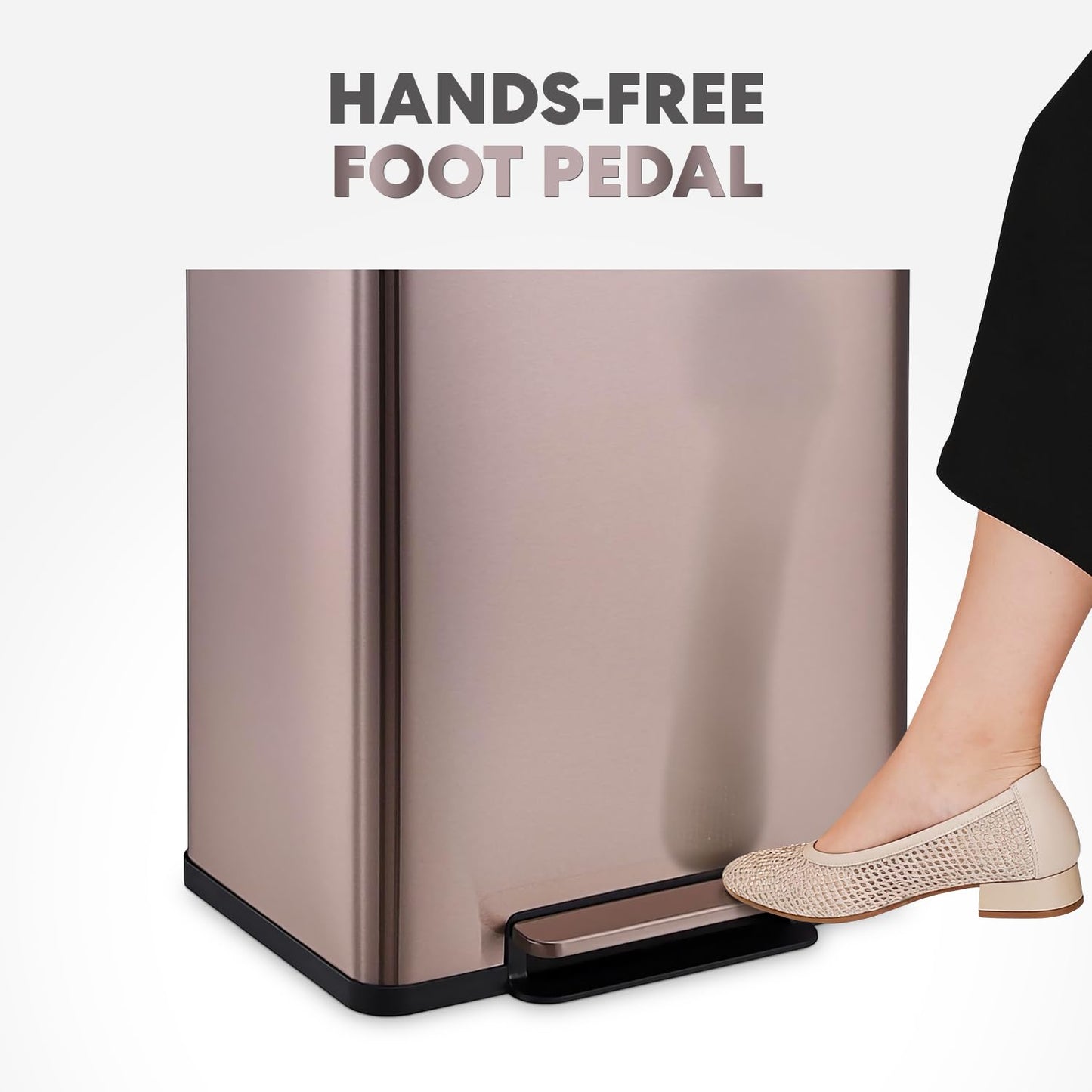 Simpli-Magic Infinity Edge 60 Liter / 16 Gallon Rectangular Hands-Free Extra Large Kitchen Step Trash Can, Soft-Close Single Lid Recycling Bin, Stainless Steel, Gold