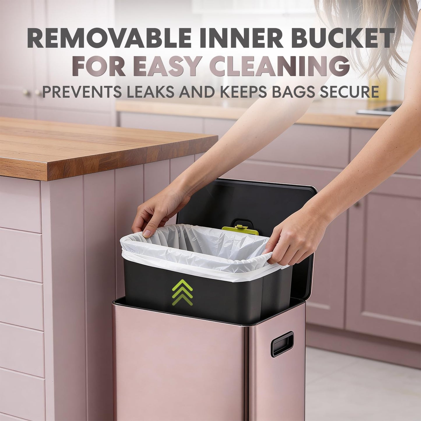Simpli-Magic Infinity Edge 60 Liter / 16 Gallon Rectangular Hands-Free Extra Large Kitchen Step Trash Can, Soft-Close Single Lid Recycling Bin, Stainless Steel, Gold