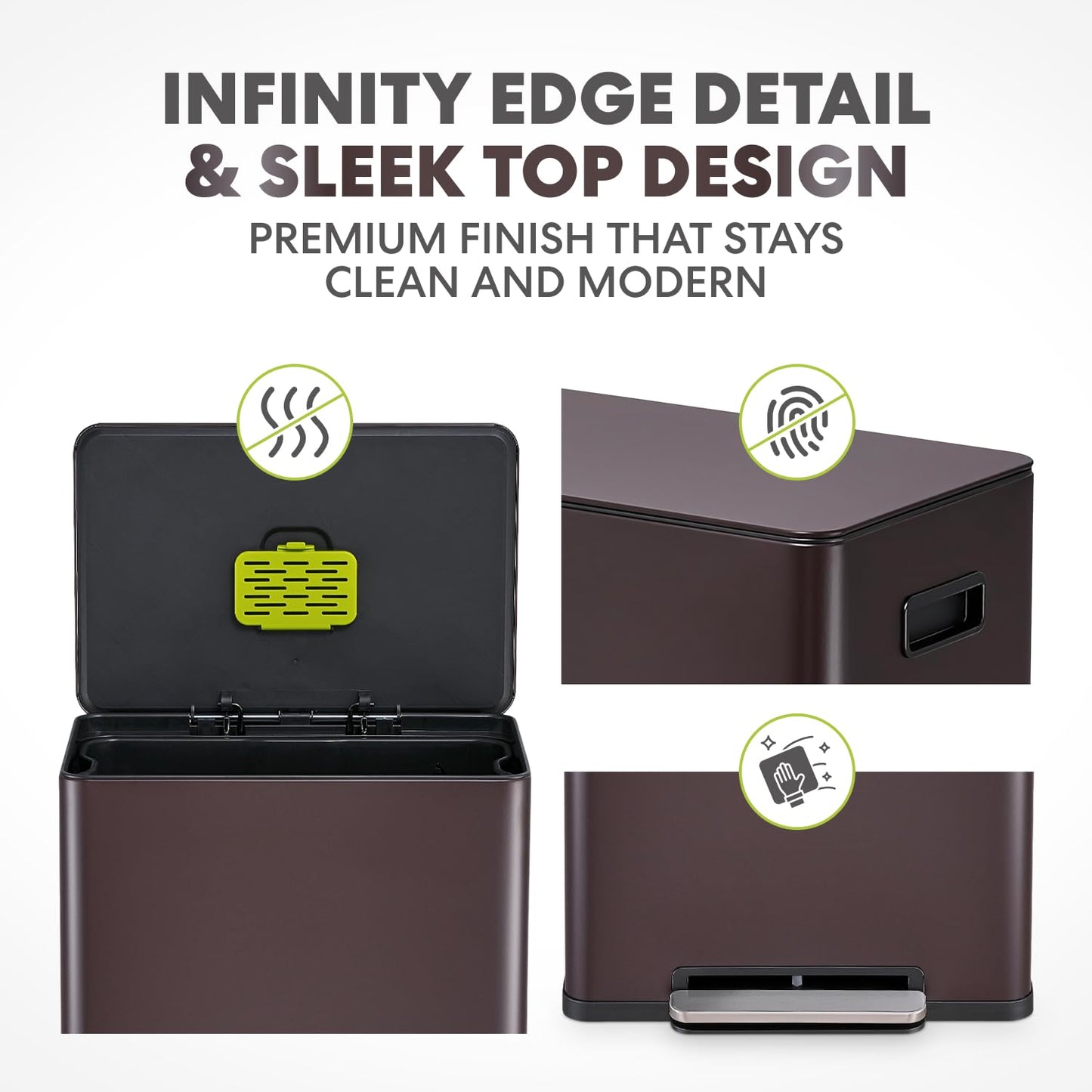 Simpli-Magic Infinity Edge 60 Liter / 16 Gallon Rectangular Hands-Free Extra Large Kitchen Step Trash Can, Soft-Close Single Lid Recycling Bin, Stainless Steel, Brown