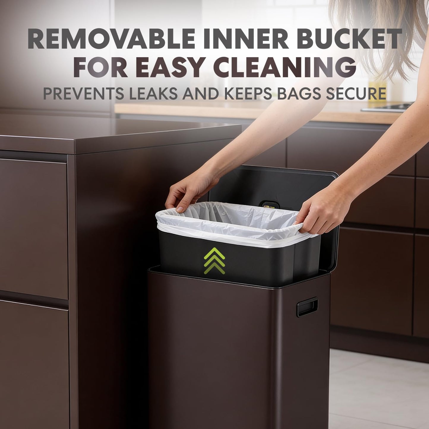 Simpli-Magic Infinity Edge 60 Liter / 16 Gallon Rectangular Hands-Free Extra Large Kitchen Step Trash Can, Soft-Close Single Lid Recycling Bin, Stainless Steel, Brown