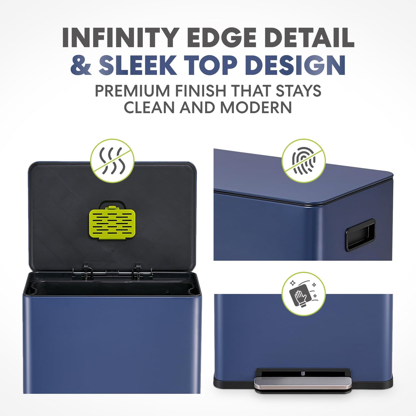 Simpli-Magic Infinity Edge 60 Liter / 16 Gallon Rectangular Hands-Free Extra Large Kitchen Step Trash Can, Soft-Close Single Lid Recycling Bin, Stainless Steel, Blue