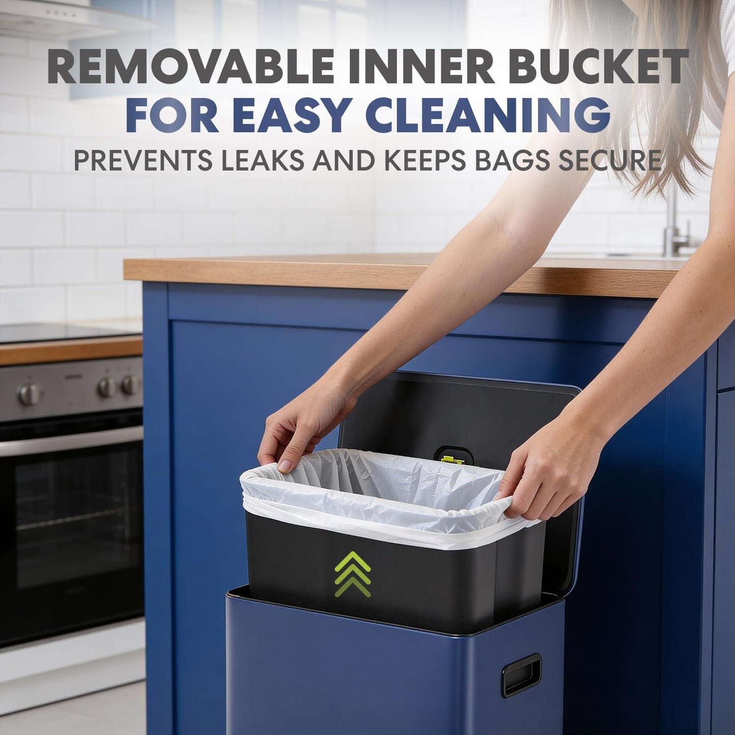 Simpli-Magic Infinity Edge 60 Liter / 16 Gallon Rectangular Hands-Free Extra Large Kitchen Step Trash Can, Soft-Close Single Lid Recycling Bin, Stainless Steel, Blue