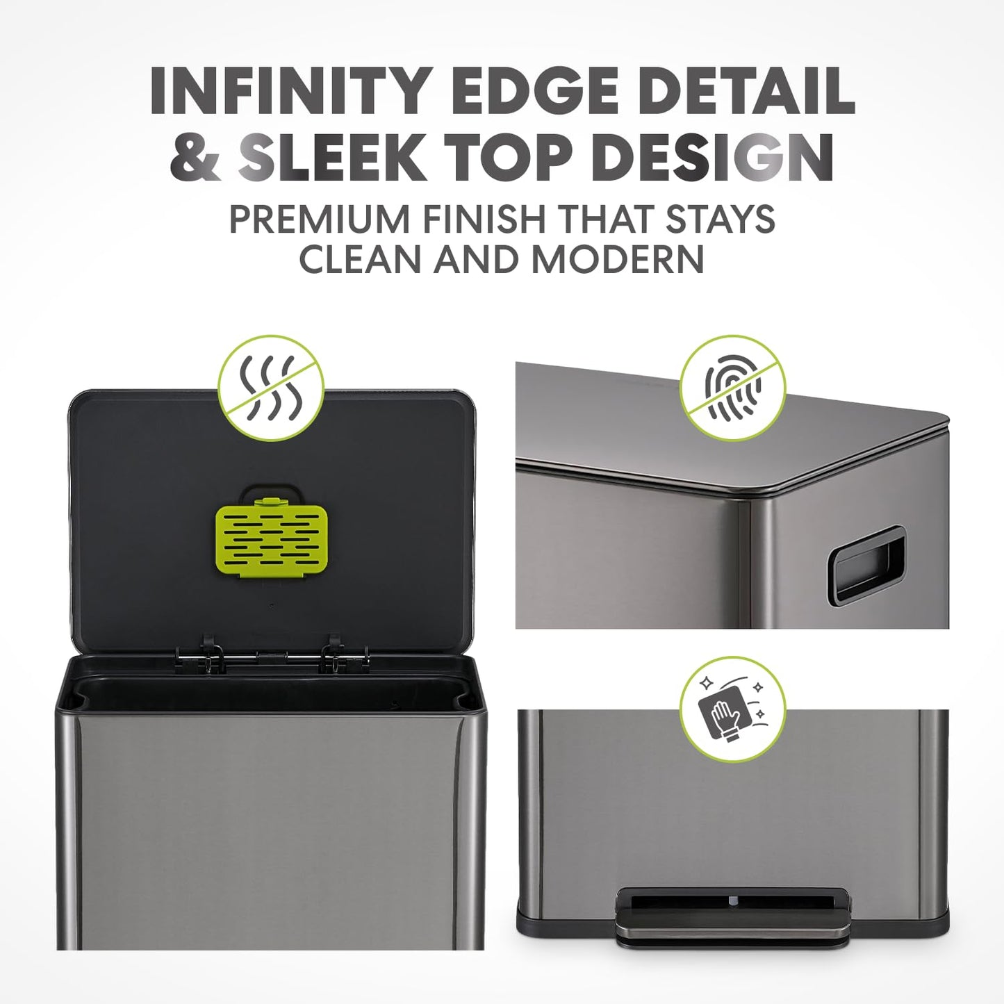 Simpli-Magic Infinity Edge 60 Liter / 16 Gallon Rectangular Hands-Free Extra Large Kitchen Step Trash Can, Soft-Close Single Lid Recycling Bin, Stainless Steel, Black