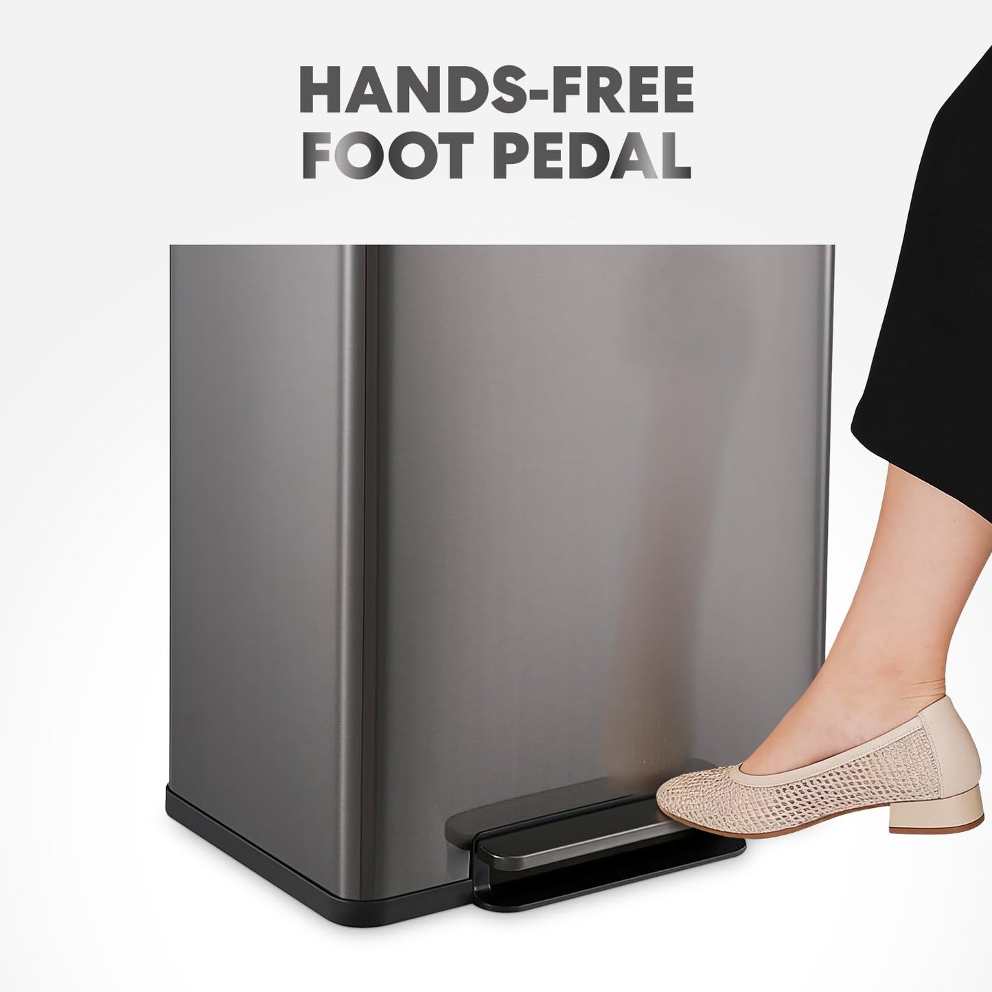 Simpli-Magic Infinity Edge 60 Liter / 16 Gallon Rectangular Hands-Free Extra Large Kitchen Step Trash Can, Soft-Close Single Lid Recycling Bin, Stainless Steel, Black