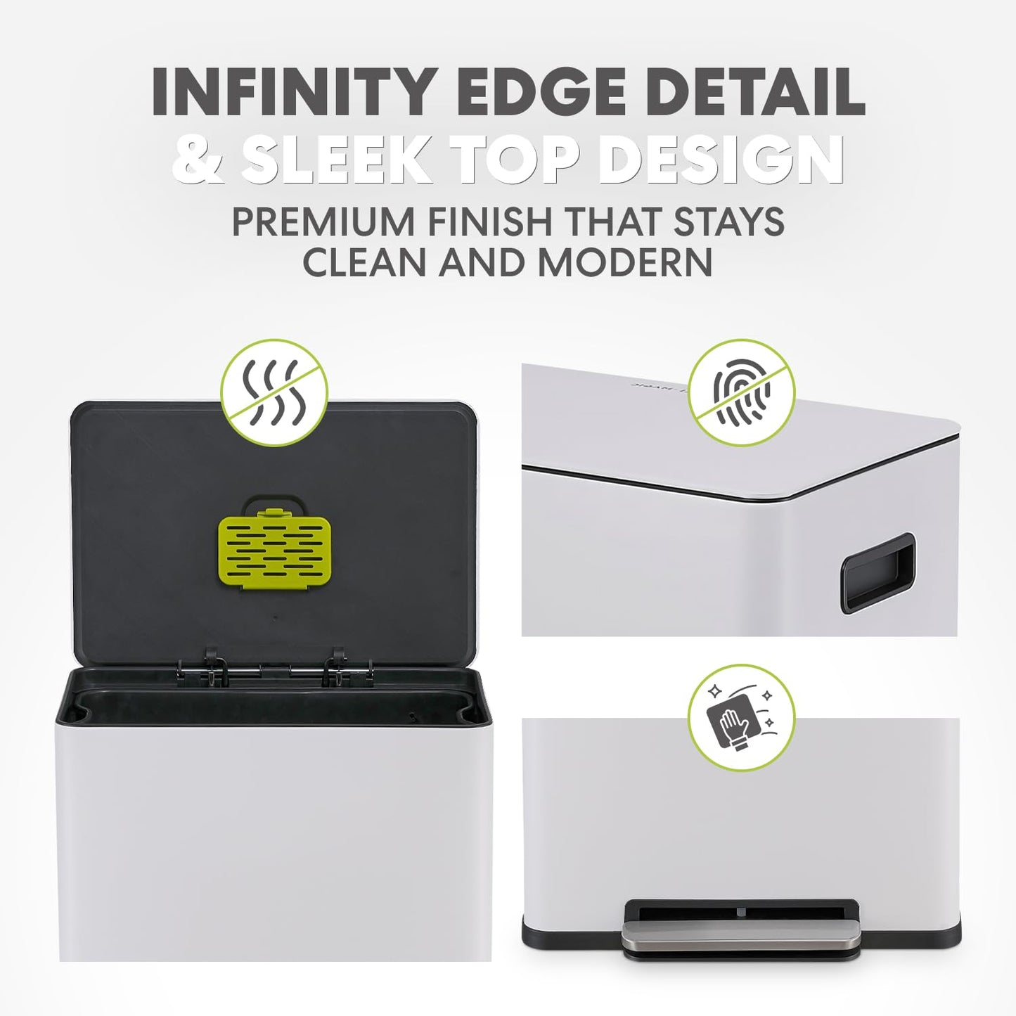Simpli-Magic Infinity Edge 60 Liter / 16 Gallon Rectangular Hands-Free Extra Large Kitchen Step Trash Can, Soft-Close Single Lid Recycling Bin, Stainless Steel, White