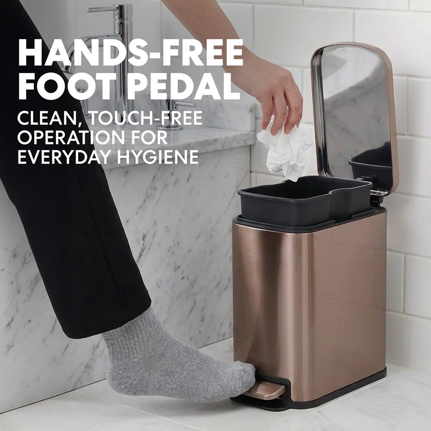 Simpli-Magic, 6L/1.6G Stainless Steel Bathroom Trash Can with Hands-Free Foot Pedal, Quiet Soft-Close Lid, Compact Space-Saving Size, Gold