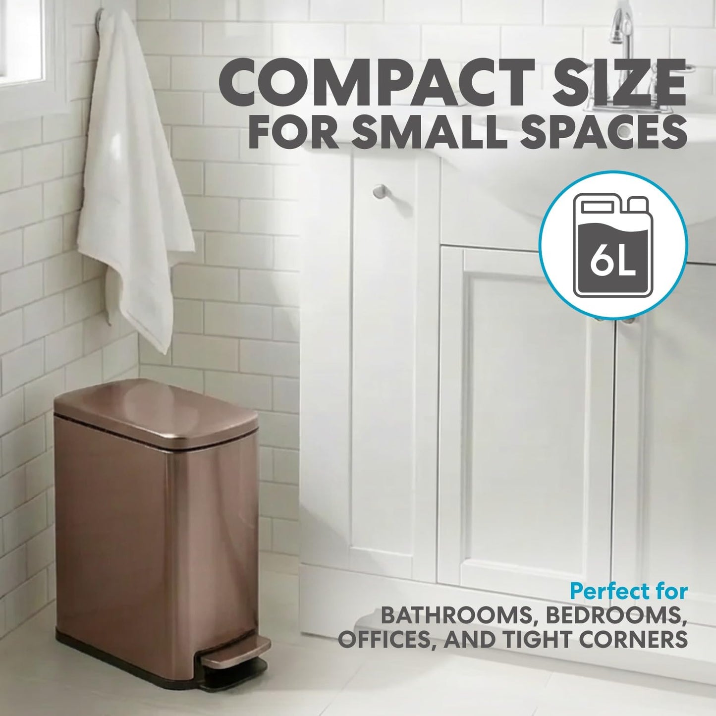 Simpli-Magic, 6L/1.6G Stainless Steel Bathroom Trash Can with Hands-Free Foot Pedal, Quiet Soft-Close Lid, Compact Space-Saving Size, Gold