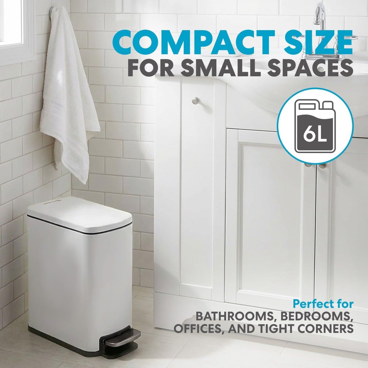 Simpli-Magic, 6L/1.6G Stainless Steel Bathroom Trash Can with Hands-Free Foot Pedal, Quiet Soft-Close Lid, Compact Space-Saving Size, White