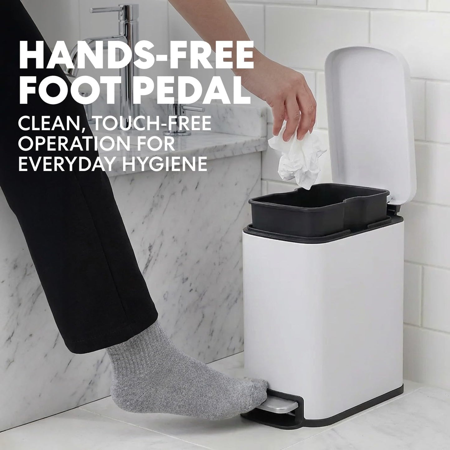 Simpli-Magic, 6L/1.6G Stainless Steel Bathroom Trash Can with Hands-Free Foot Pedal, Quiet Soft-Close Lid, Compact Space-Saving Size, White