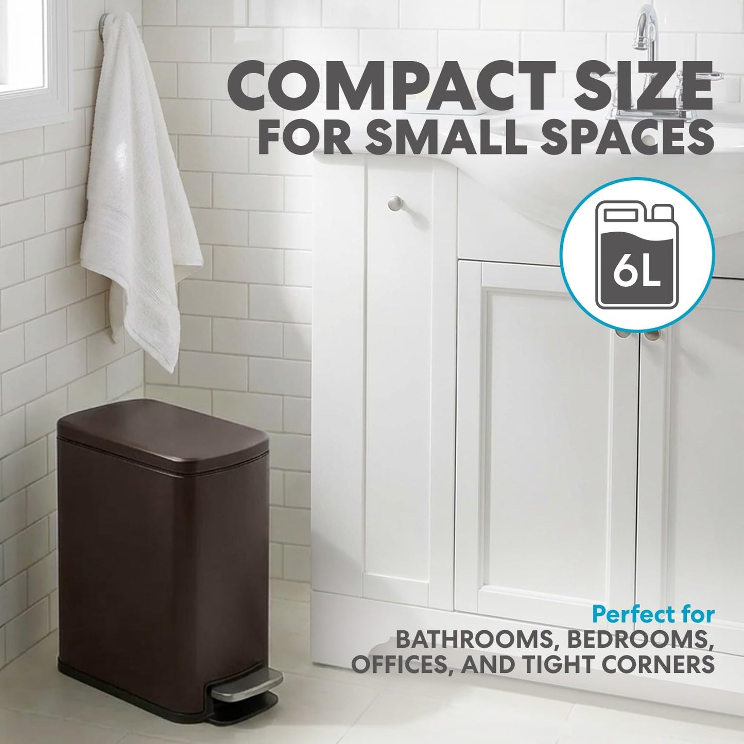 Simpli-Magic, 6L/1.6G Stainless Steel Bathroom Trash Can with Hands-Free Foot Pedal, Quiet Soft-Close Lid, Compact Space-Saving Size, Brown