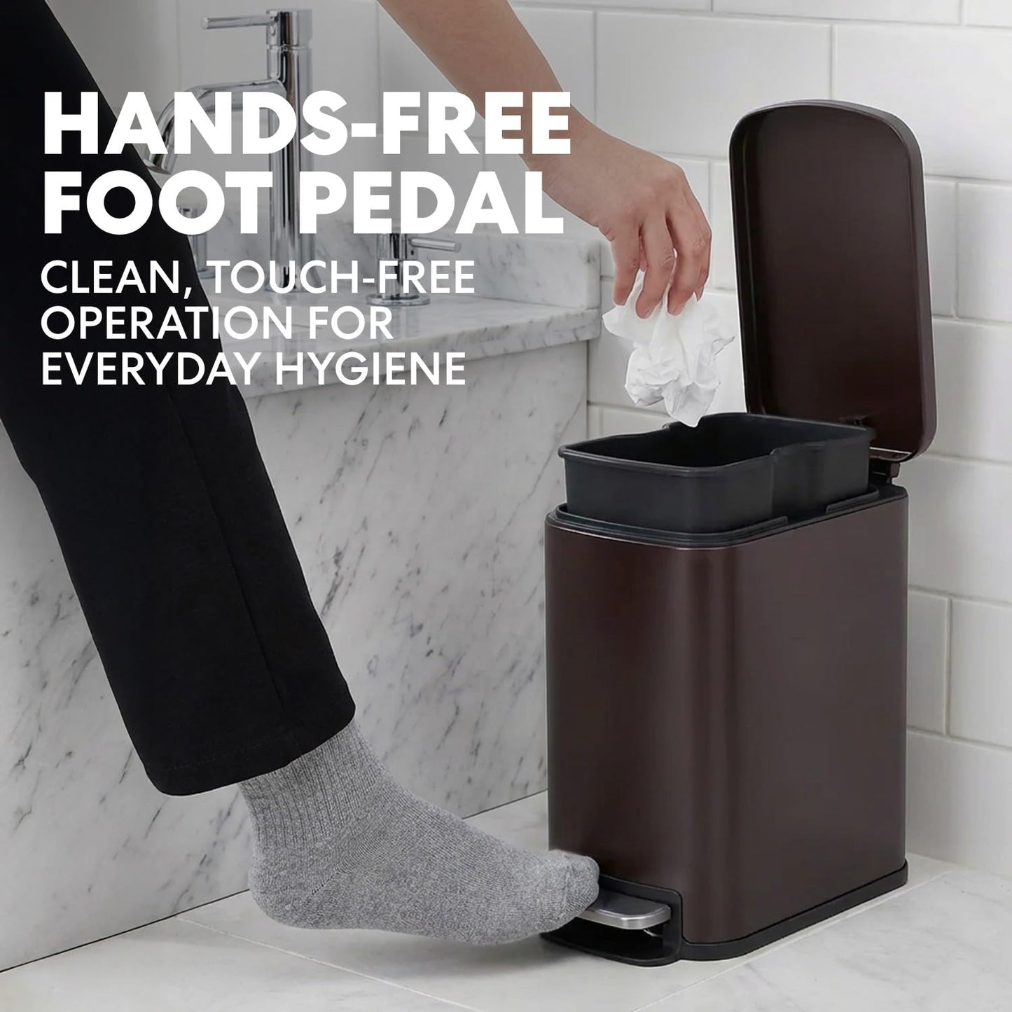 Simpli-Magic, 6L/1.6G Stainless Steel Bathroom Trash Can with Hands-Free Foot Pedal, Quiet Soft-Close Lid, Compact Space-Saving Size, Brown