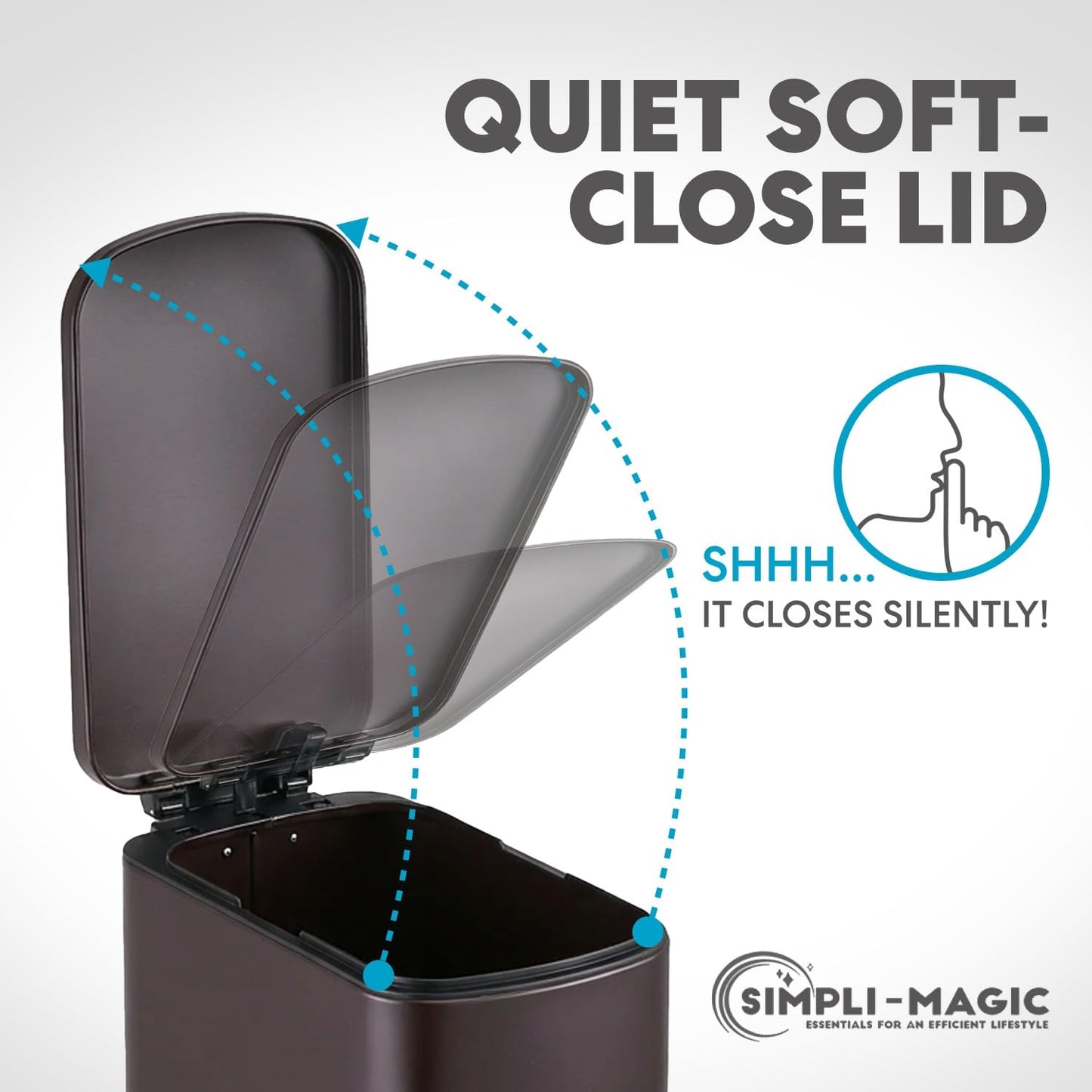 Simpli-Magic, 6L/1.6G Stainless Steel Bathroom Trash Can with Hands-Free Foot Pedal, Quiet Soft-Close Lid, Compact Space-Saving Size, Brown