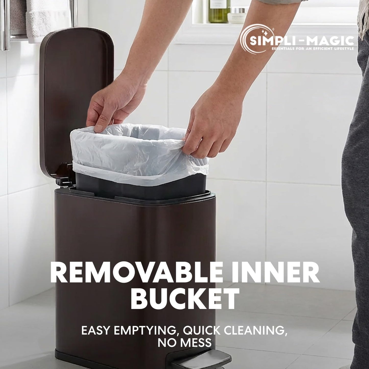 Simpli-Magic, 6L/1.6G Stainless Steel Bathroom Trash Can with Hands-Free Foot Pedal, Quiet Soft-Close Lid, Compact Space-Saving Size, Brown
