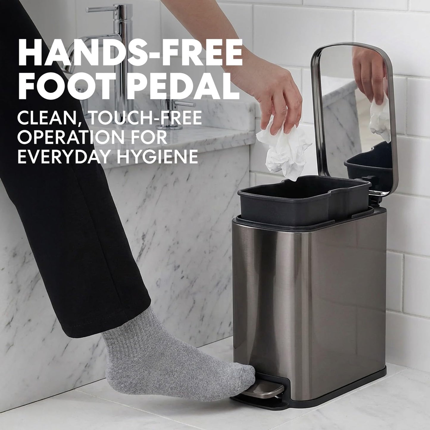 Simpli-Magic, 6L/1.6G Stainless Steel Bathroom Trash Can with Hands-Free Foot Pedal, Quiet Soft-Close Lid, Compact Space-Saving Size, Black