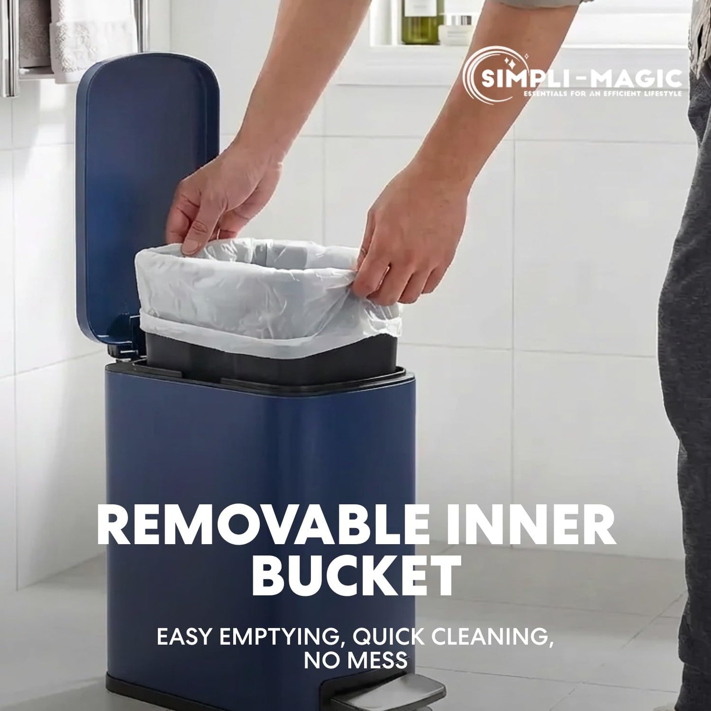 Simpli-Magic, 6L/1.6G Stainless Steel Bathroom Trash Can with Hands-Free Foot Pedal, Quiet Soft-Close Lid, Compact Space-Saving Size, Blue