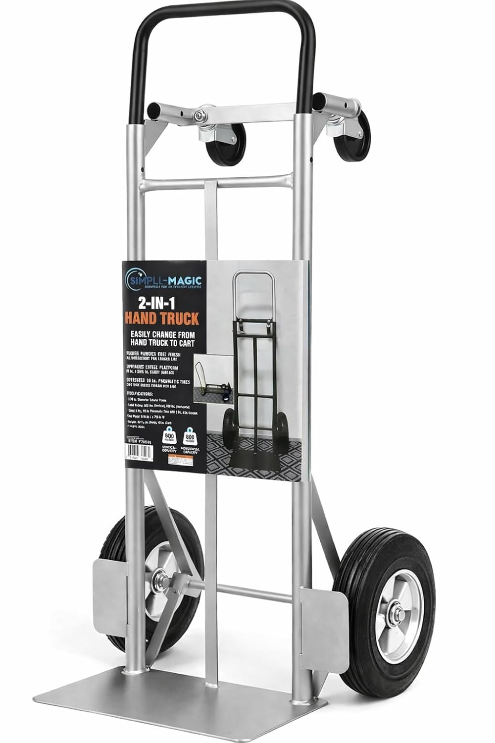 Simpli-Magic 2-in-1 Convertible Hand Truck Dolly, 800 lb Capacity, Heavy Duty with Upgraded Rubber Wheels, Folding Platform Cart
