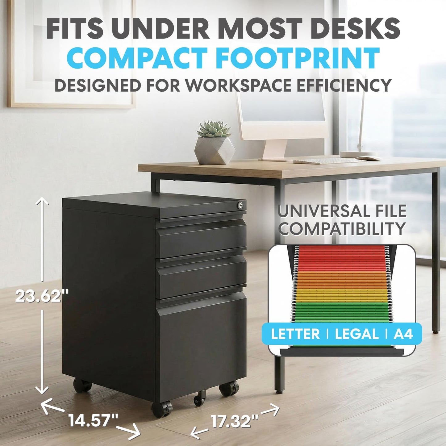Simpli-Magic 3 Drawer Mobile File Cabinet with Lock Under Desk Metal Filing Cabinet for Home Office Organizer Fully Assembled Letter Legal A4 Black