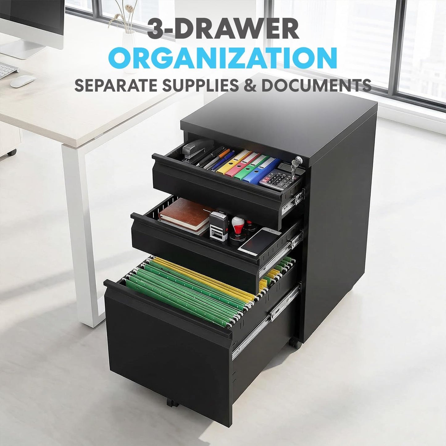 Simpli-Magic 3 Drawer Mobile File Cabinet with Lock Under Desk Metal Filing Cabinet for Home Office Organizer Fully Assembled Letter Legal A4 Black