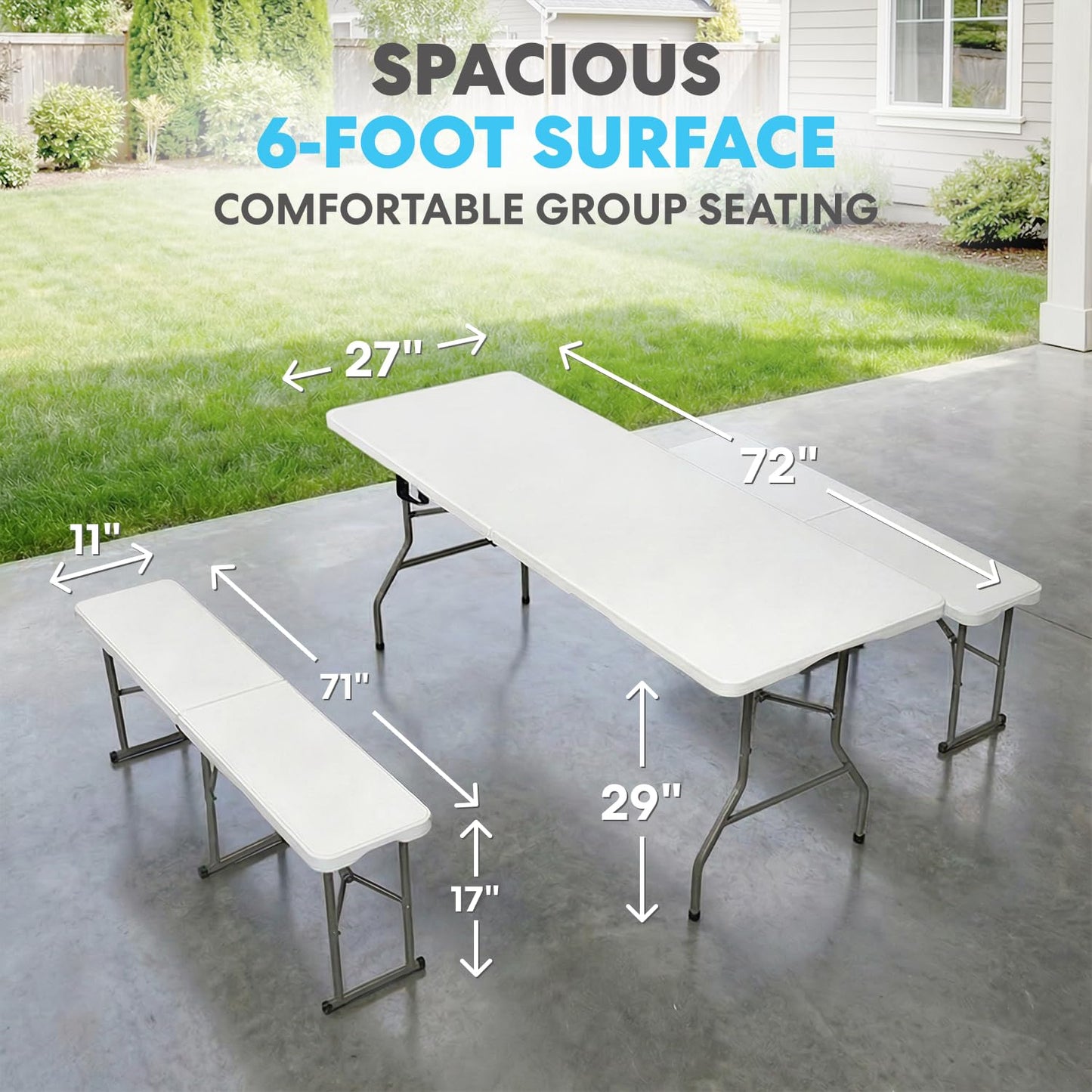 Simpli-Magic 6 Foot Folding Picnic Table Set with 2 Benches Portable Indoor Outdoor Camping Table for Working Meeting Party Picnic Weddings with Handle and Safety Locks White