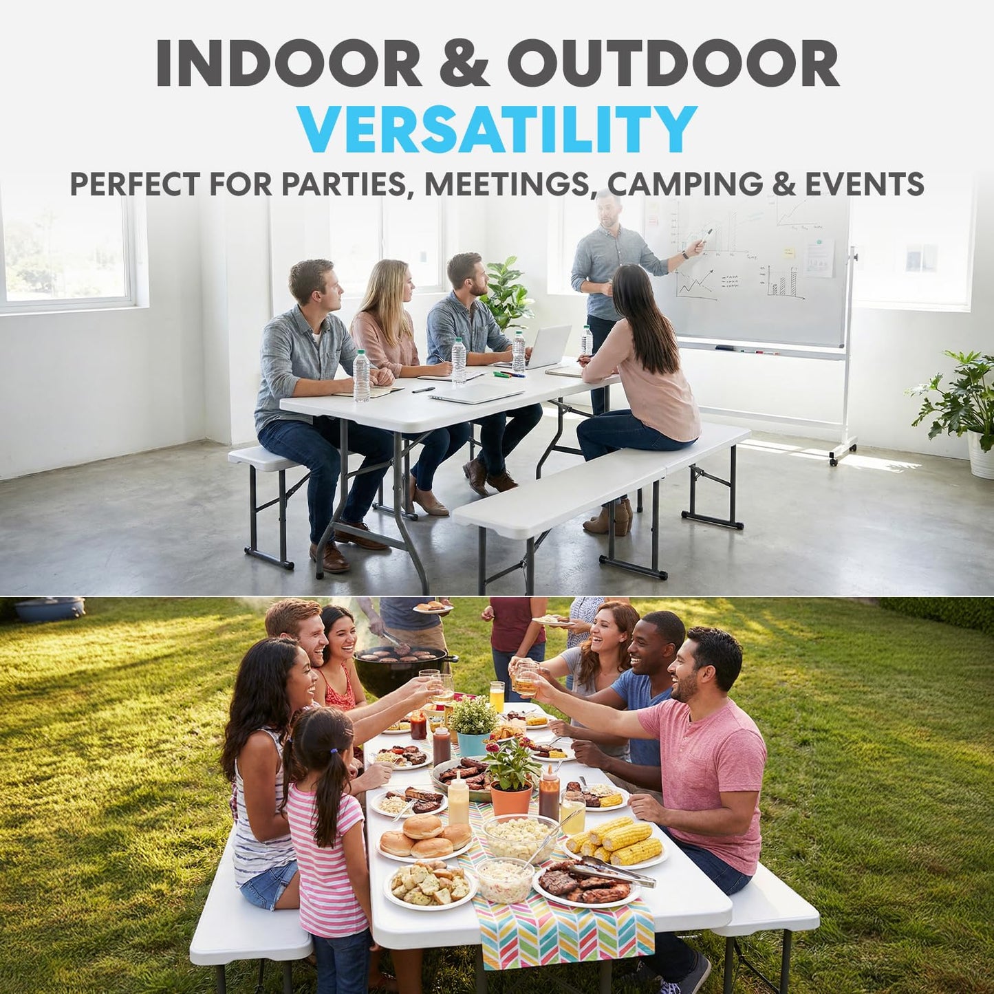 Simpli-Magic 6 Foot Folding Picnic Table Set with 2 Benches Portable Indoor Outdoor Camping Table for Working Meeting Party Picnic Weddings with Handle and Safety Locks White
