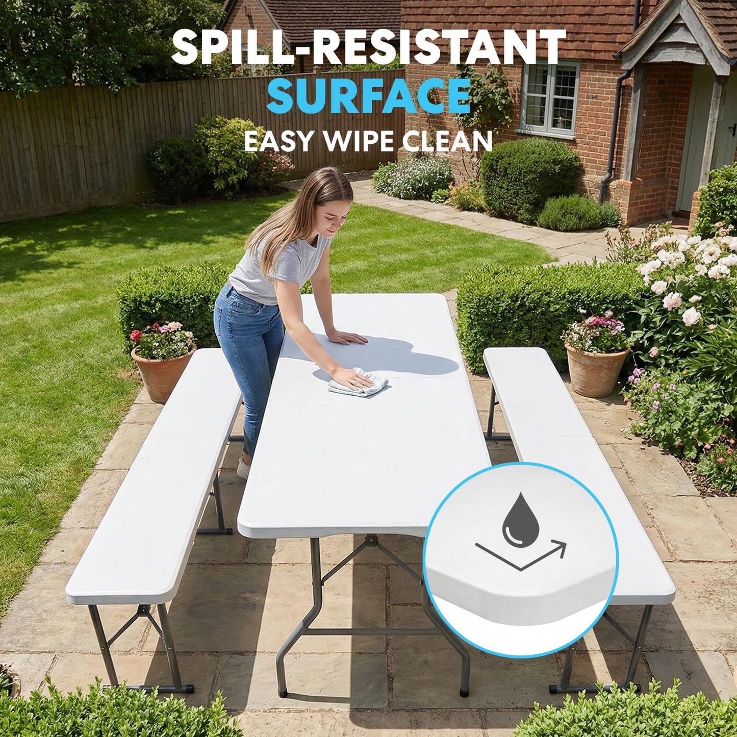 Simpli-Magic 6 Foot Folding Picnic Table Set with 2 Benches Portable Indoor Outdoor Camping Table for Working Meeting Party Picnic Weddings with Handle and Safety Locks White