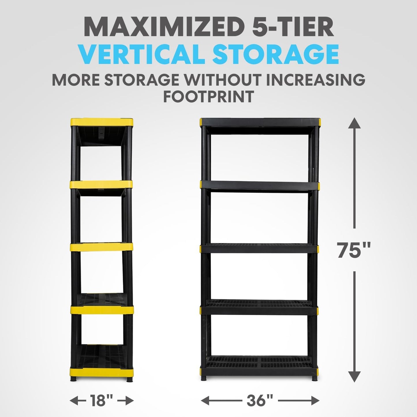 Simpli-Magic 5-Tier Heavy Duty Plastic Storage Shelving Unit, Garage & Basement Organizer, Modular Rack, 36 x 18 x 75 Inches, 200 lbs per Shelf, 1000 lbs Total Capacity