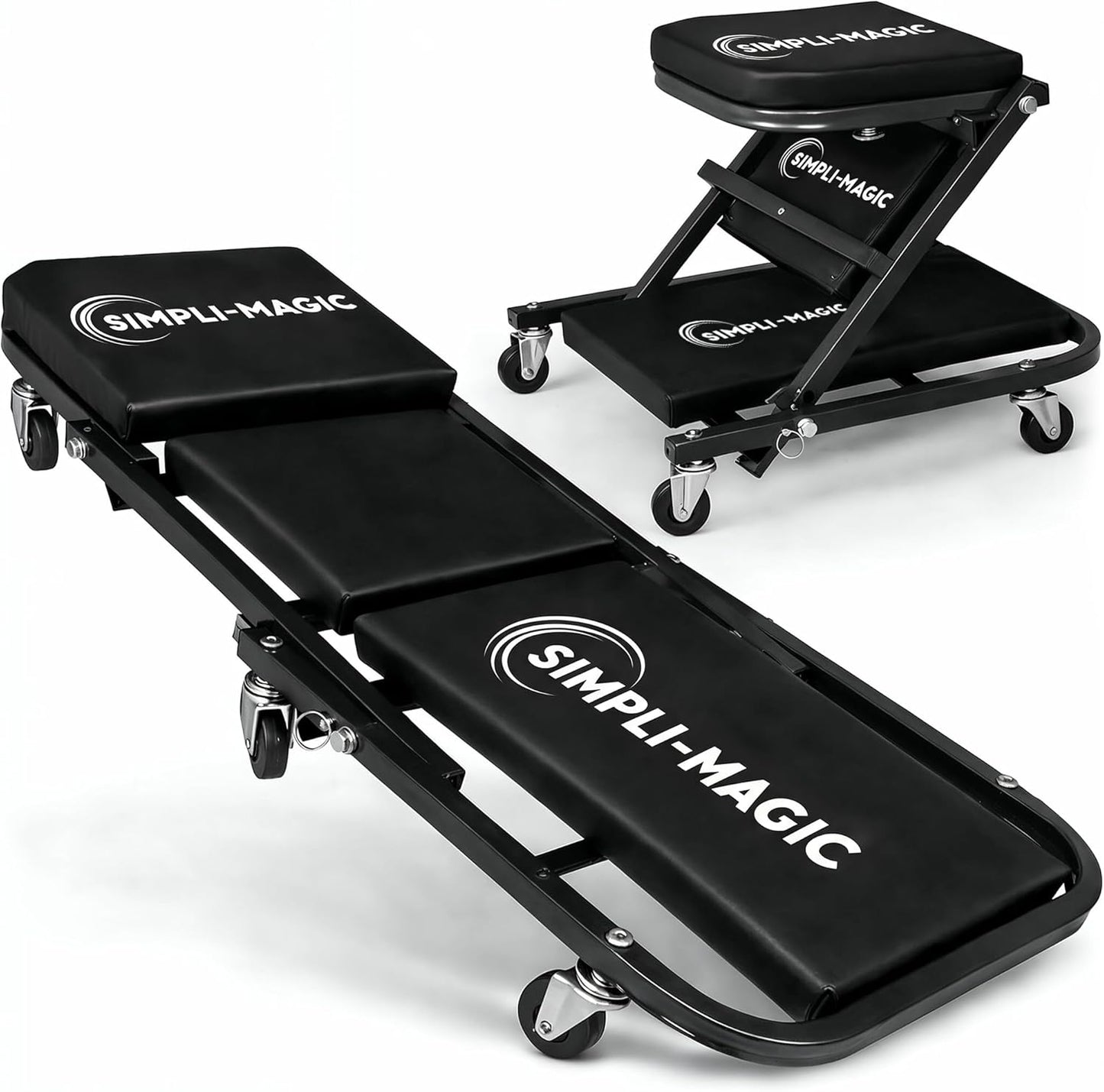 SIMPLI-Magic 2-in-1 Mechanic Creeper and Seat, Adjustable Rolling Automotive Creeper with Padded Cushion and Casters, Black