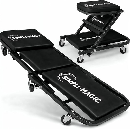 SIMPLI-Magic 2-in-1 Mechanic Creeper and Seat, Adjustable Rolling Automotive Creeper with Padded Cushion and Casters, Black