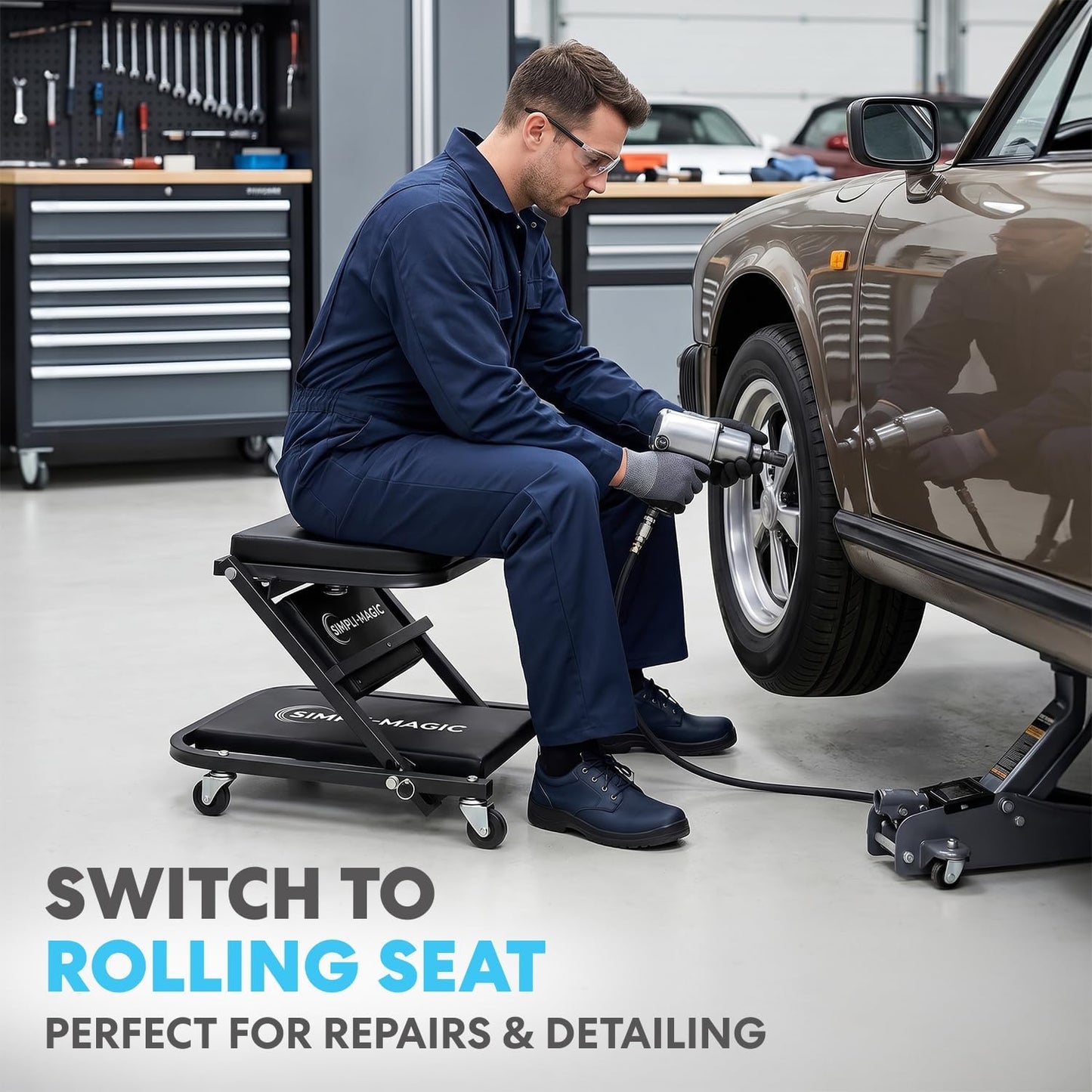 SIMPLI-Magic 2-in-1 Mechanic Creeper and Seat, Adjustable Rolling Automotive Creeper with Padded Cushion and Casters, Black
