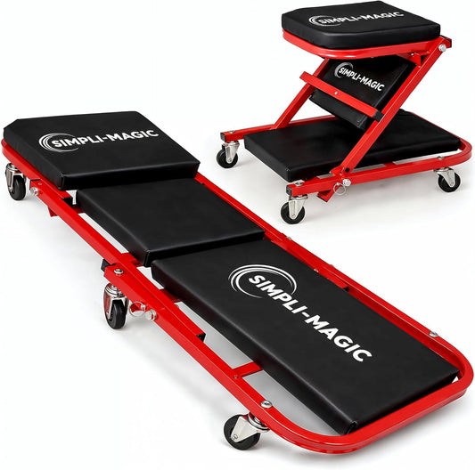 SIMPLI-Magic 2-in-1 Mechanic Creeper and Seat, Adjustable Rolling Automotive Creeper with Padded Cushion and Casters, Red