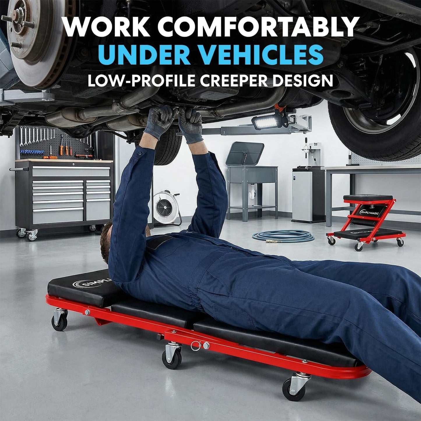 SIMPLI-Magic 2-in-1 Mechanic Creeper and Seat, Adjustable Rolling Automotive Creeper with Padded Cushion and Casters, Red