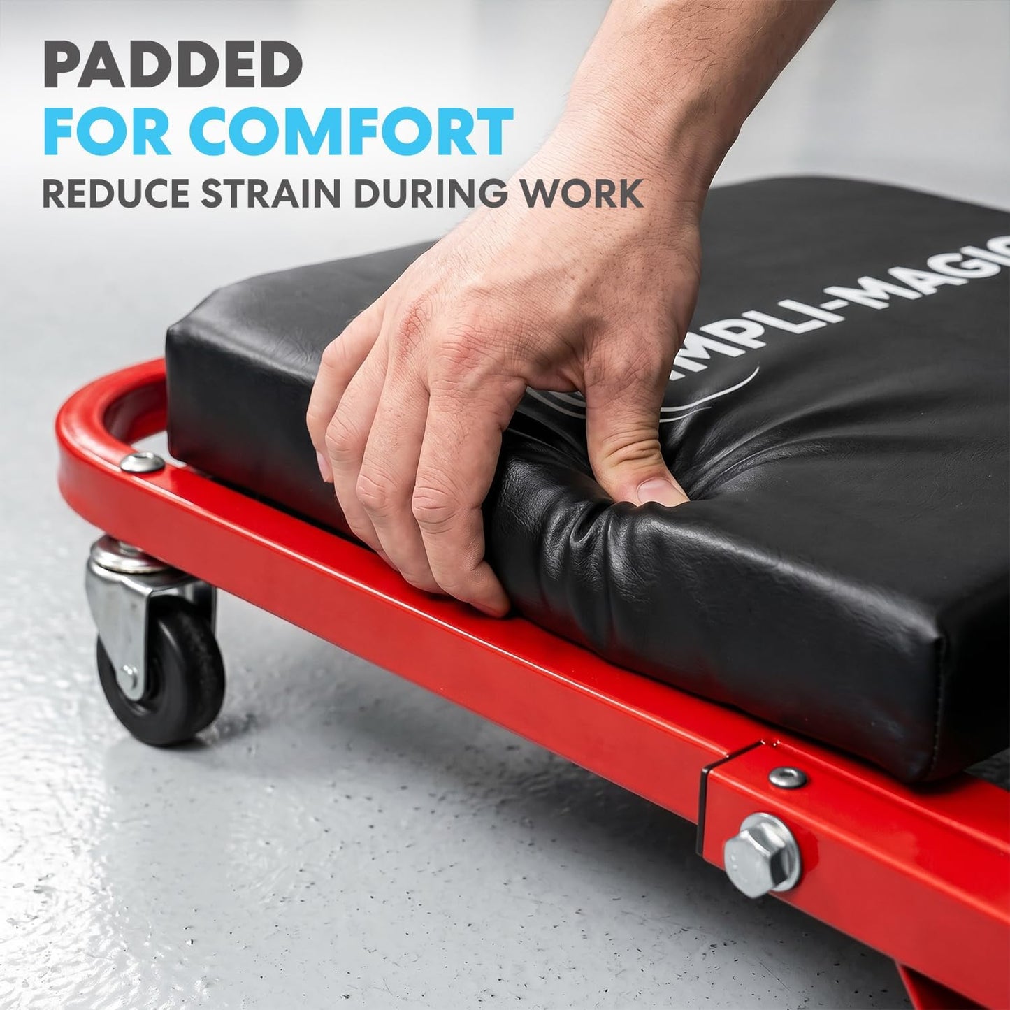 SIMPLI-Magic 2-in-1 Mechanic Creeper and Seat, Adjustable Rolling Automotive Creeper with Padded Cushion and Casters, Red