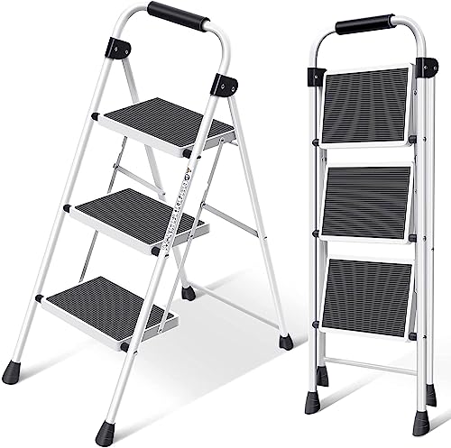 SIMPLI-MAGIC Step Ladder, 3 Step Stool Ergonomic Folding Step Stool with Wide Anti-Slip Pedal Sturdy Step Stool for Adults Multi-Use for Household, Kitchen，Office Step Ladder Stool (3 Step - White)